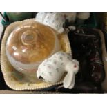 Two boxes of assorted decorative china wares to include horse figures, vintage light shade,