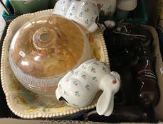 Two boxes of assorted decorative china wares to include horse figures, vintage light shade,
