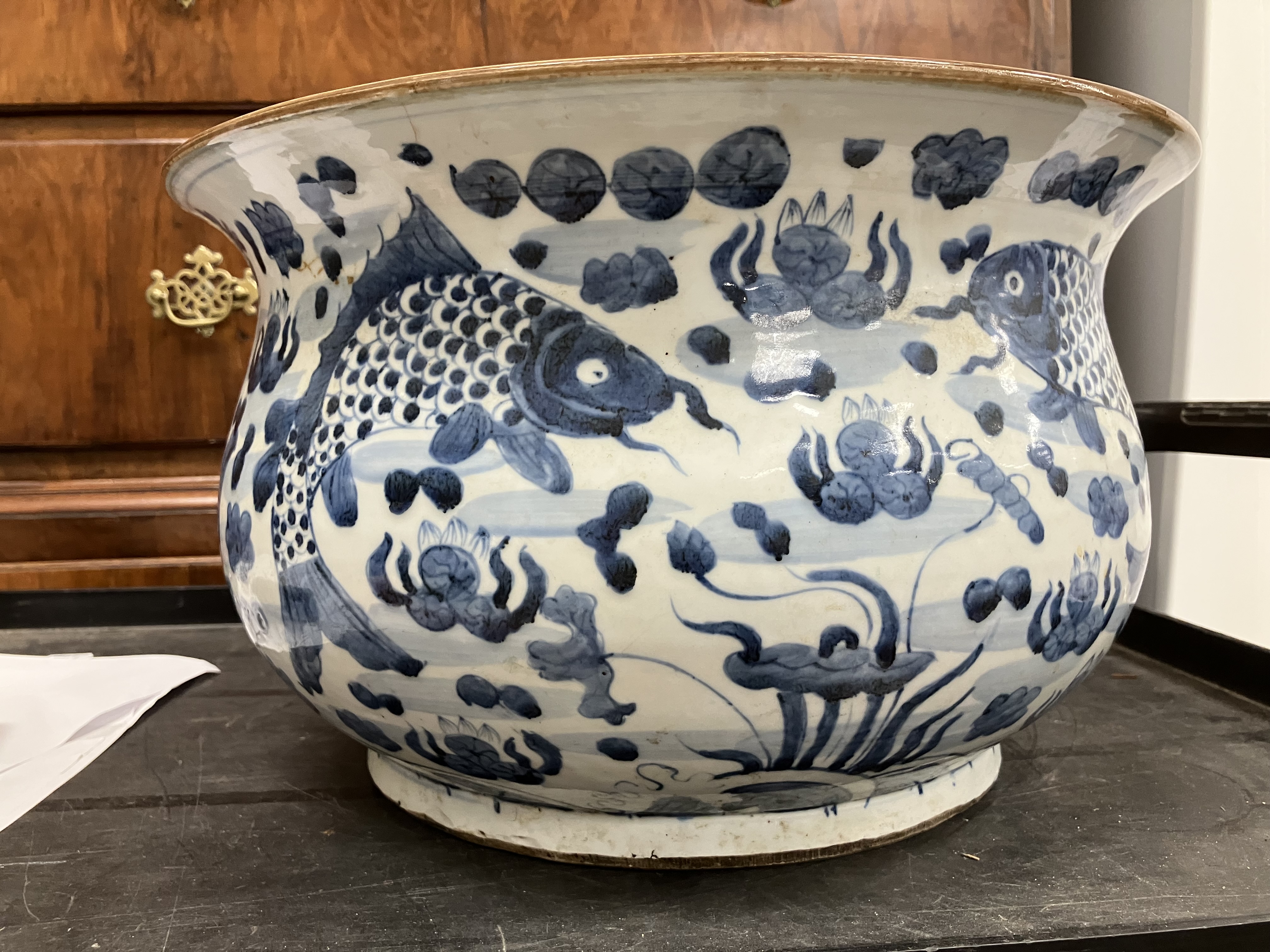 A large early 20th Century Japanese flared bowl with blue and white carp decoration, - Image 6 of 19