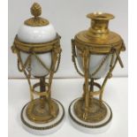 A pair of 19th Century gilt bronze mounted porcelain cassolettes in the Louis XVI taste 24 cm high