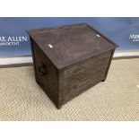 A riveted iron slope top coal box, 49 cm wide x 33 cm deep x 38 cm high,