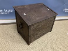 A riveted iron slope top coal box, 49 cm wide x 33 cm deep x 38 cm high,