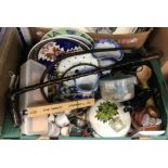 Four boxes of assorted china and glassware to include two large pottery jugs,