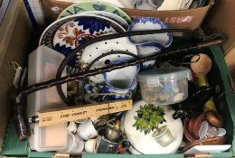 Four boxes of assorted china and glassware to include two large pottery jugs,