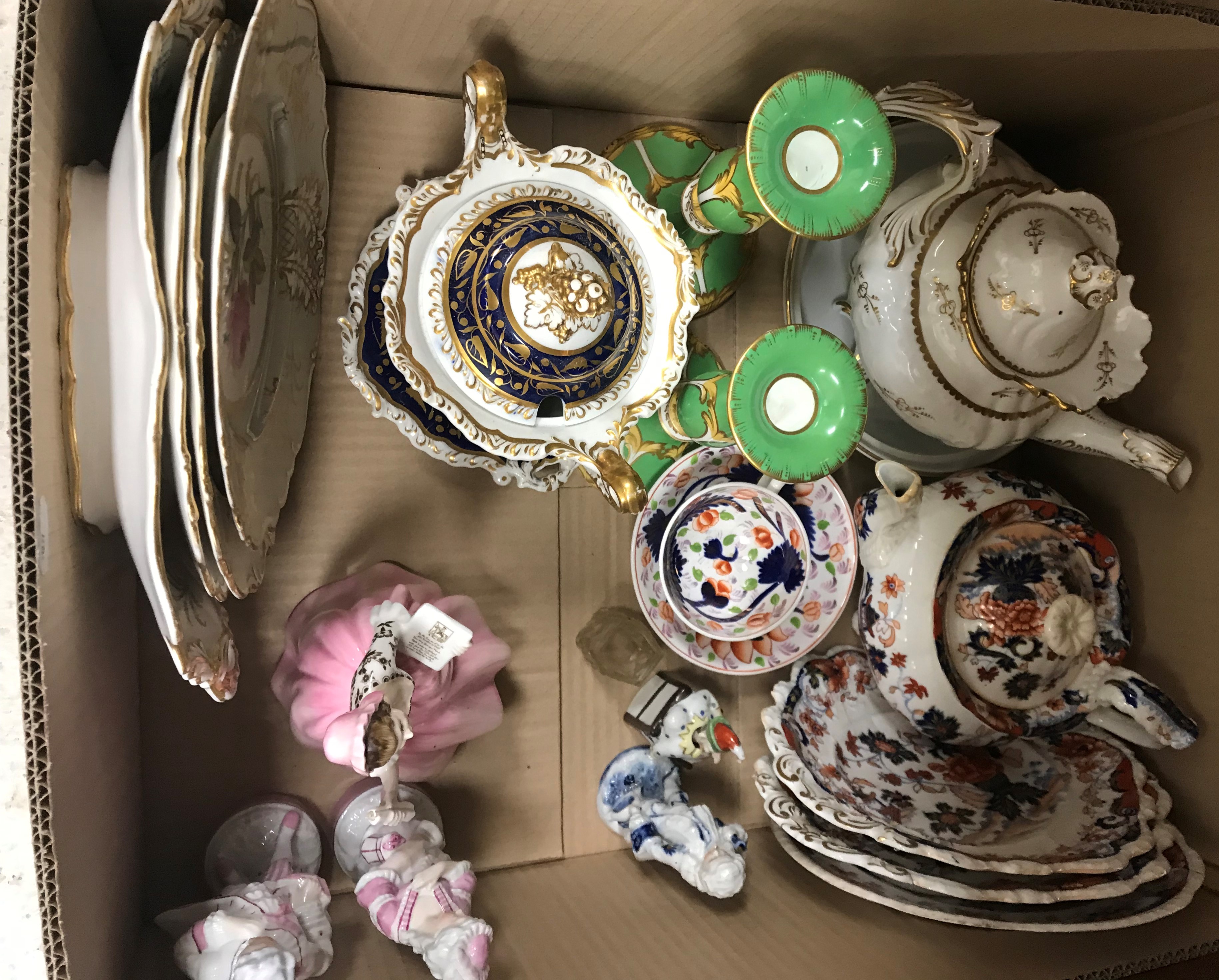 Two boxes of china wares to include Royal Doulton "Ballad Seller" HN2266, floral decorated plates,