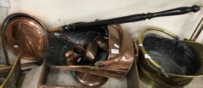 A collection of various copper ware to include coal helmet and shovel,