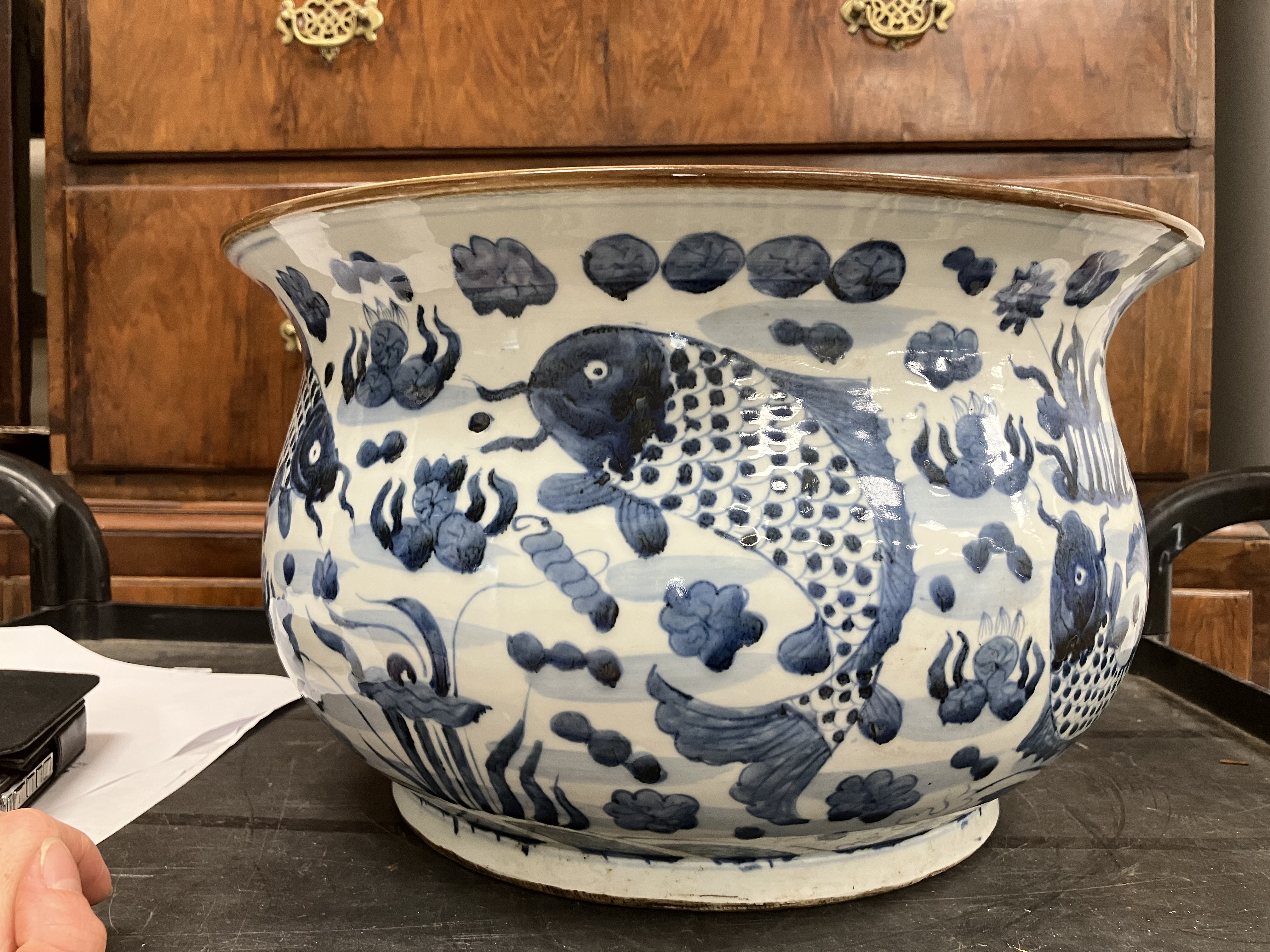 A large early 20th Century Japanese flared bowl with blue and white carp decoration, - Image 8 of 19