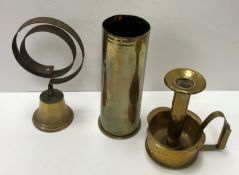 A collection of seven brass servant bells and various fittings,
