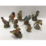 A collection of various painted porcelain bird figures including Royal Worcester "Kingfisher"