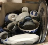 Four boxes of red transfer decorated and blue transfer decorated china including Mason's jugs,