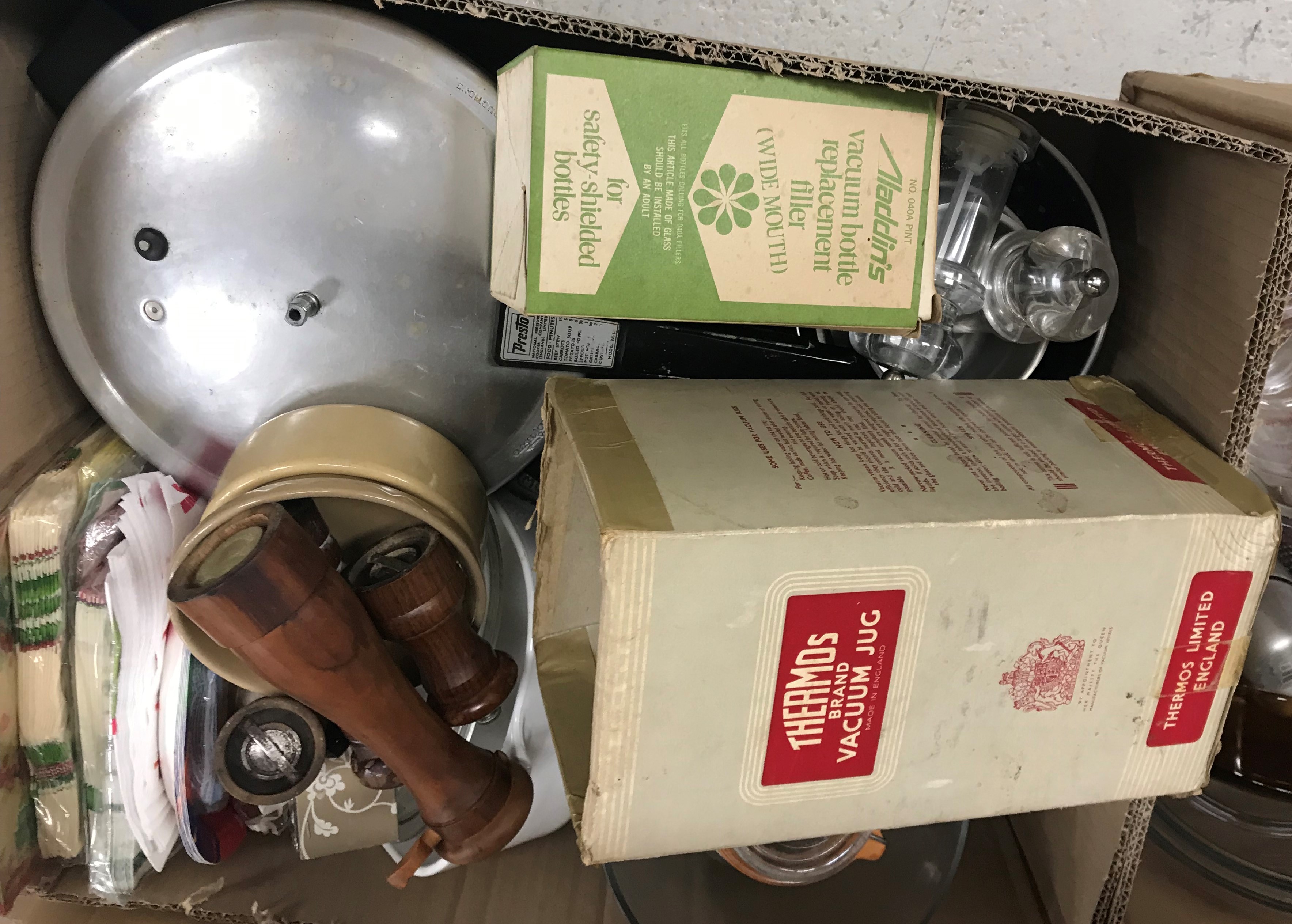 Five boxes of assorted kitchenalia to include glasses, saucepans,