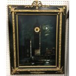 A Victorian picture clock depicting "The House of Westminster with Big Ben" oil on board inset with