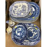 A collection of various blue and white transfer decorated pottery including a pair of Pountney &