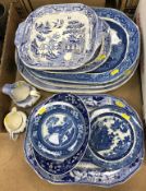 A collection of various blue and white transfer decorated pottery including a pair of Pountney &