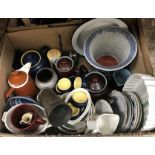 Five boxes of assorted household china to include a collection of Furnivals Old Chelsea china,