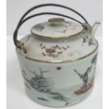 A circa 1900 Chinese polychrome decorated cylindrical tea pot,