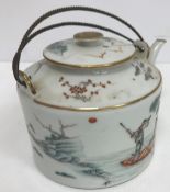 A circa 1900 Chinese polychrome decorated cylindrical tea pot,