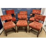 A composite set of six Victorian oak framed buttoned velvet upholstered dining chairs on