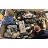 Three boxes of assorted brass ware to include horse ornaments, set of scales, assorted china,