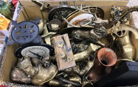 Three boxes of assorted brass ware to include horse ornaments, set of scales, assorted china,