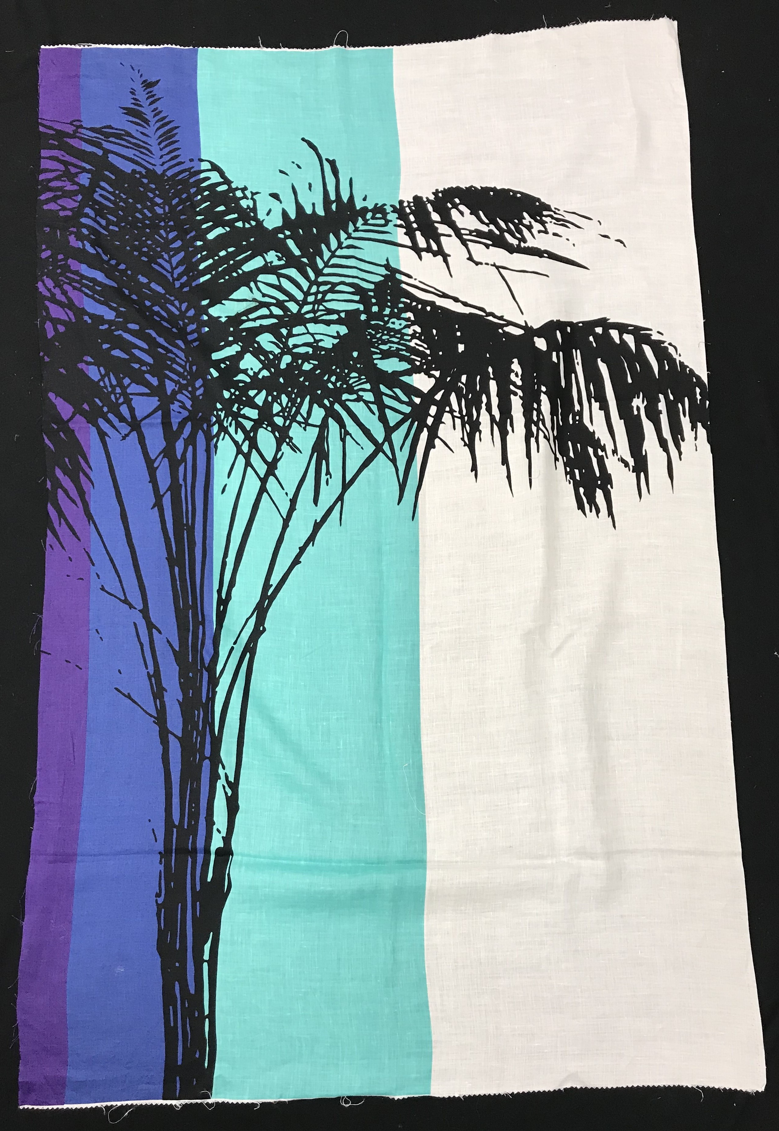 An Althea McNish design fabric sample in purple, blue, aqua,