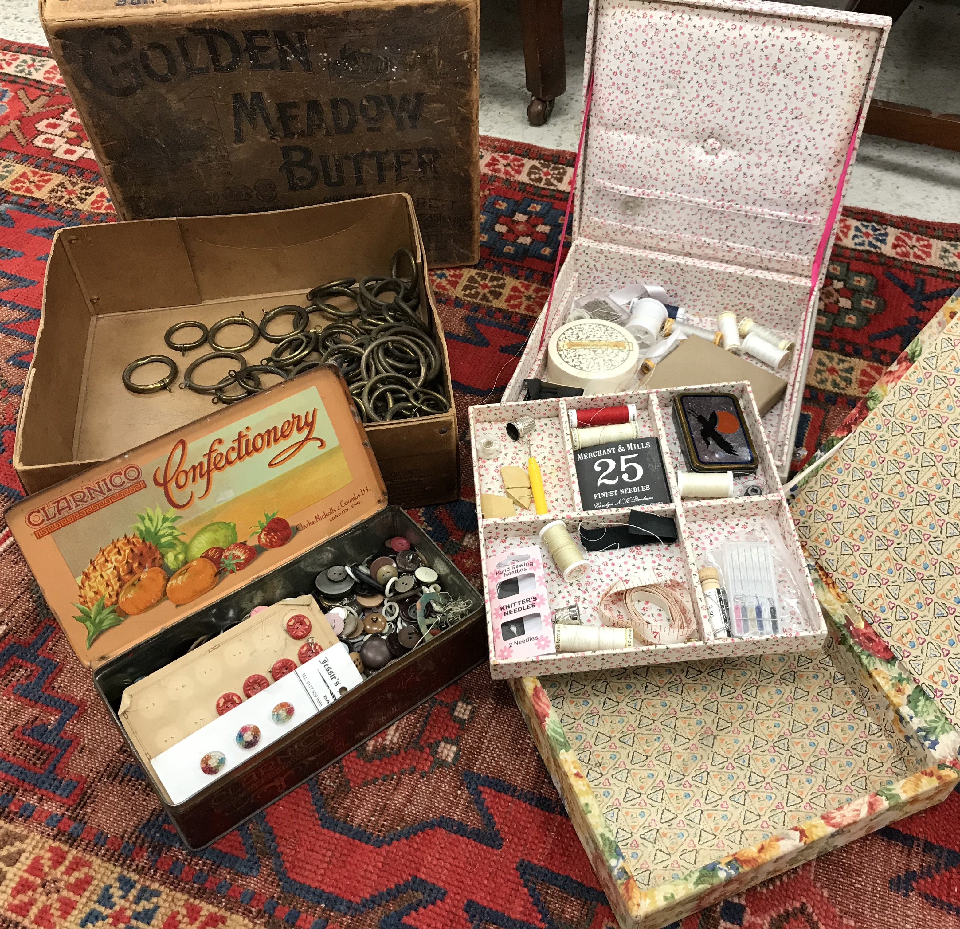 A modern fabric covered sewing box containing various sewing accoutrements including Merchant & - Image 2 of 2