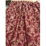 One pair of silk damask red foliate patterned interlined curtains with fixed triple pencil pleat