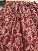 One pair of silk damask red foliate patterned interlined curtains with fixed triple pencil pleat