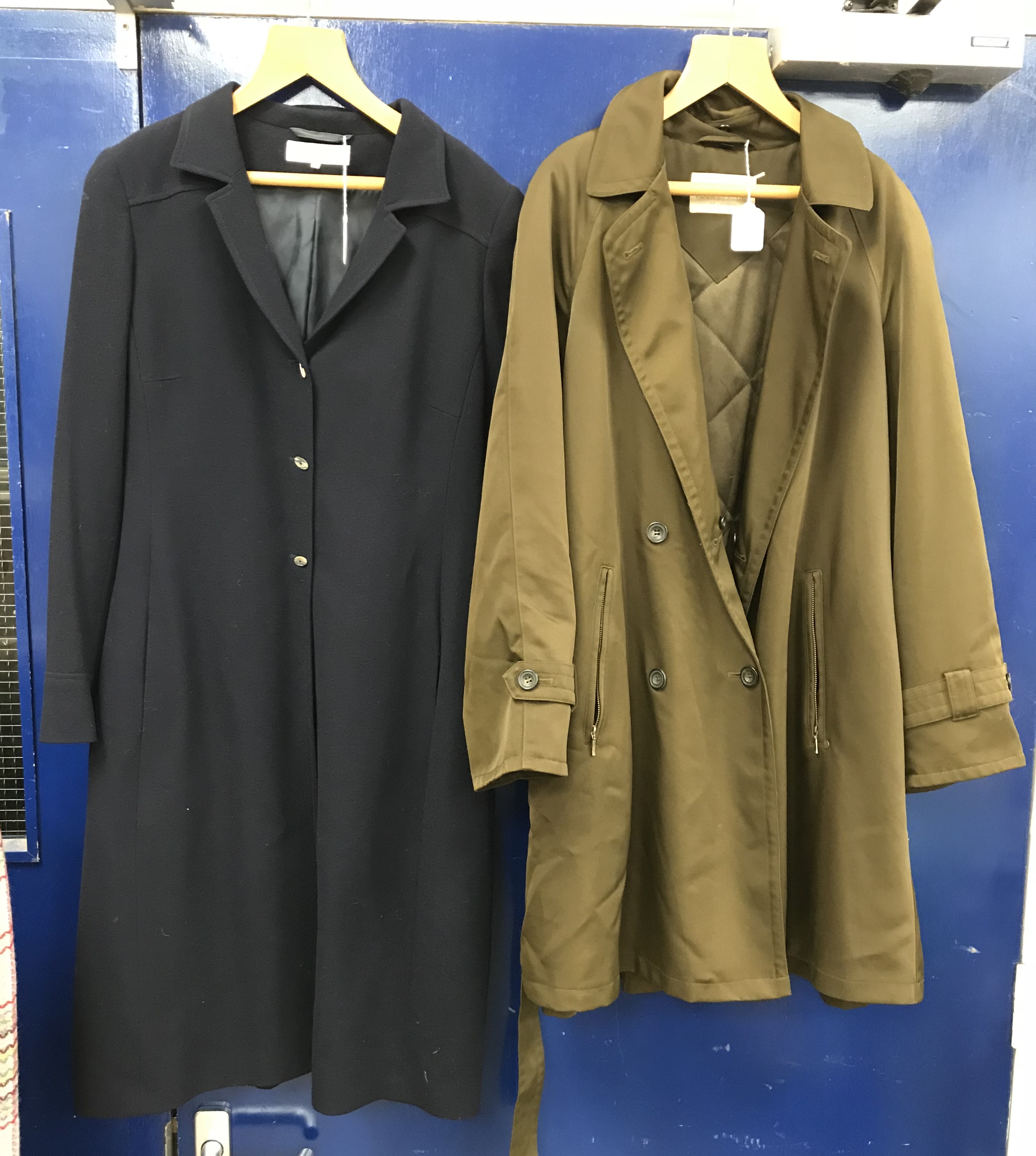 A collection of coats comprising a Paddy Campbell navy blue wool coat size 14,