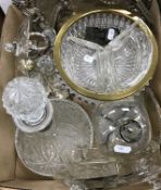 Three boxes of sundry items to include various glassware including a pair of three section hors