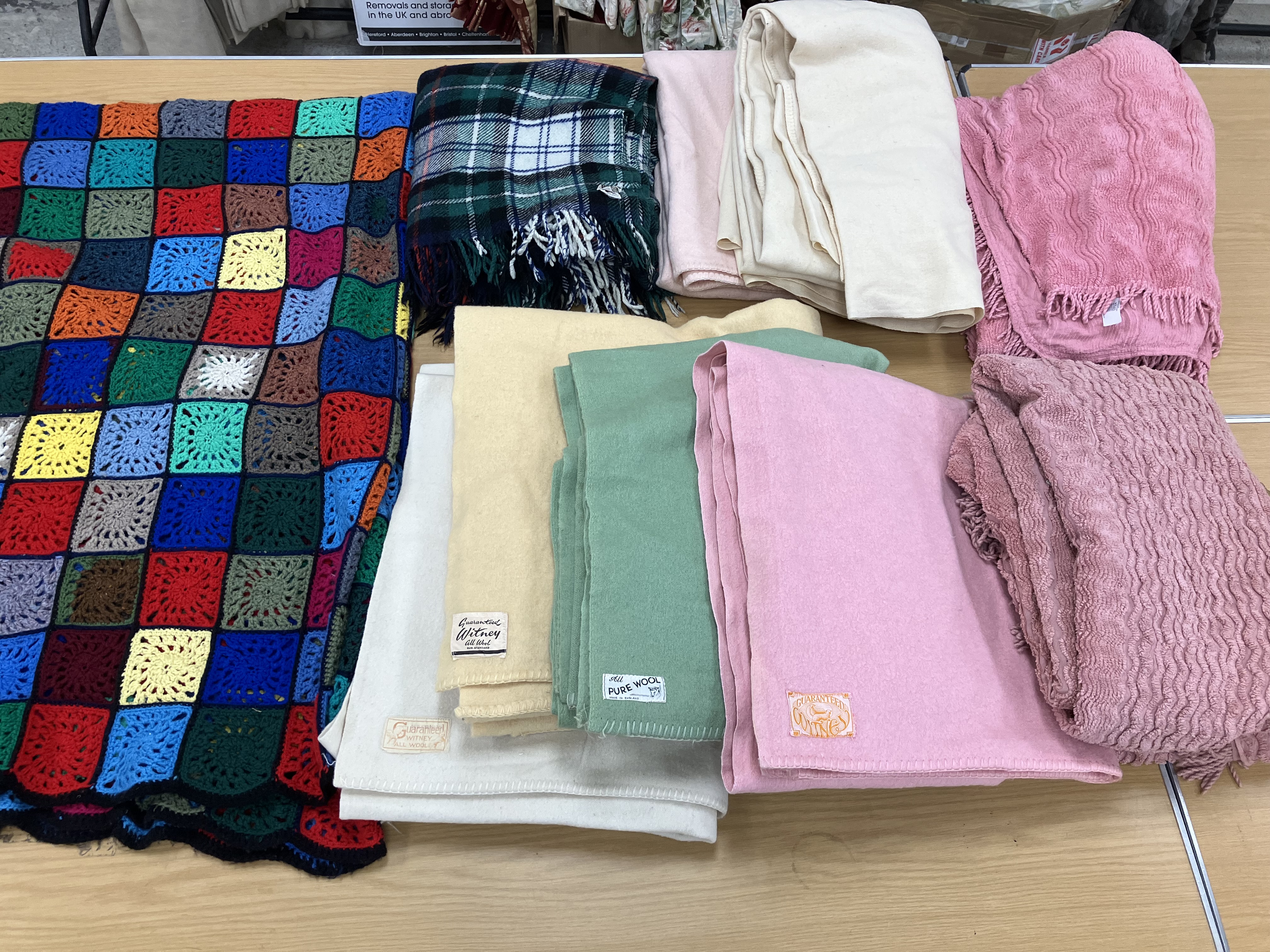 Two boxes containing three Witney wool blankets, together with three other wool blankets, - Image 9 of 13