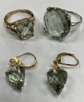 A 9 carat white gold and green quartz set dress ring size O, 5.