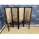 An Edwardian mahogany framed adjustable screen decorated with fabric covered panels in the Chinese