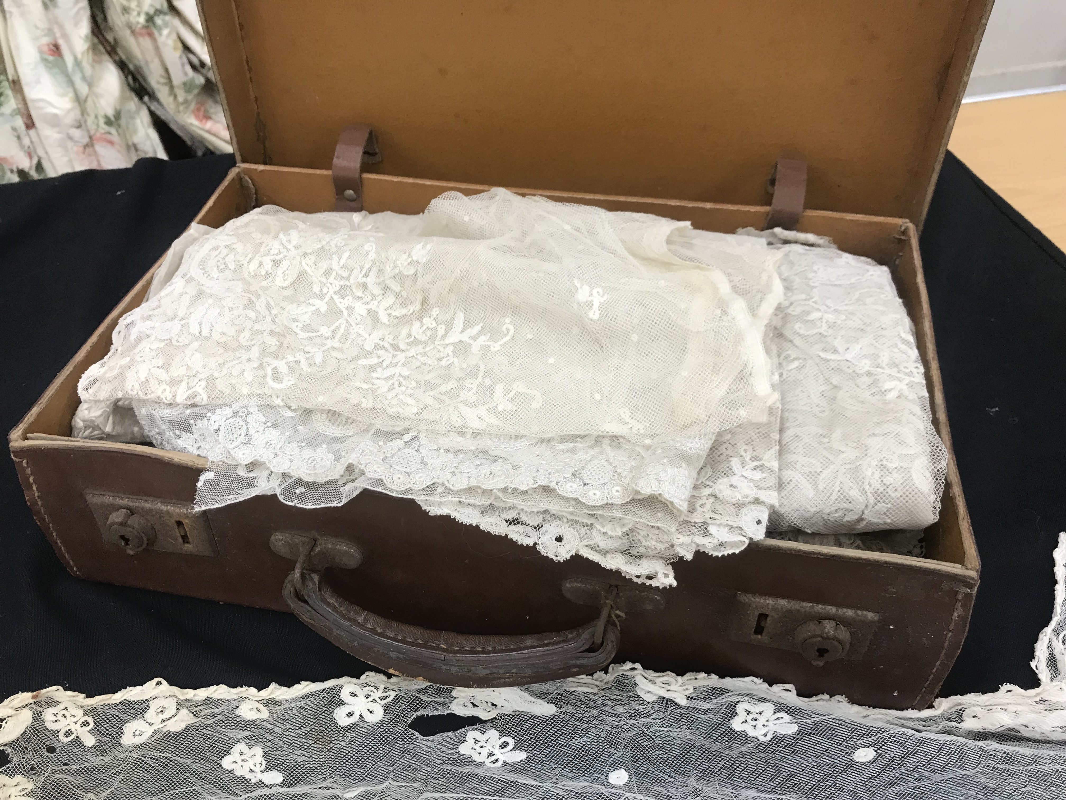 A small leather suitcase containing various lace sections to include 19th Century and later - Image 7 of 8