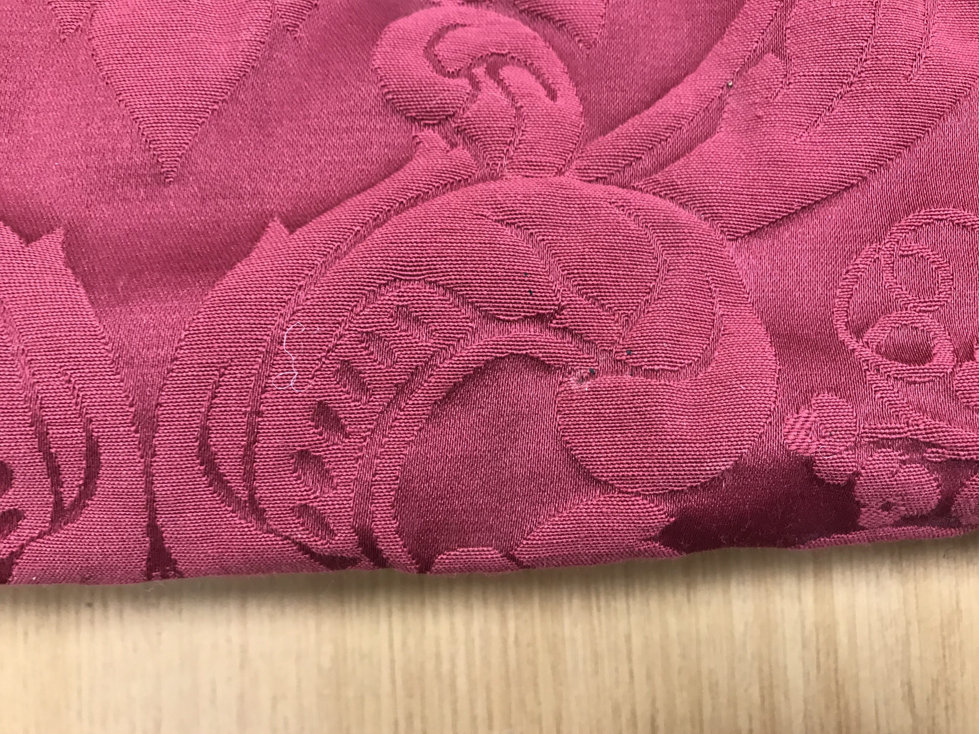One pair of damask type burgundy ground foliate decorated interlined curtains with taped pencil - Image 6 of 15