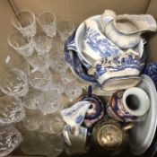 Two boxes of assorted decorative china wares, mainly blue and white "Willow" pattern design,