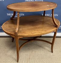 An Edwardian mahogany and inlaid Sheraton Revival two tier étagère on square tapered legs united by