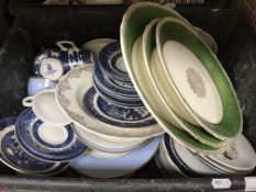 Nine boxes of assorted sundry household china and glass to include tazzas,
