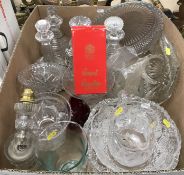 A collection of various cut and other glassware including two mallet shaped decanters,