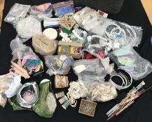 A box containing a quantity of haberdashery of various ages to include elastic bias binding,