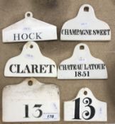 Six various 19th Century white glazed pottery wine bin tags including a Wedgwood example impressed