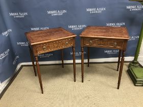 A pair of burr elm and burr yew cross banded lamp tables,