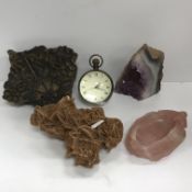 Two boxes of sundry items to include two pewter tankards, an amethyst geode section,