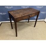 A 19th Century oak single drawer side table on square tapered legs, 92.5 cm wide x 47.