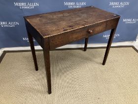 A 19th Century oak single drawer side table on square tapered legs, 92.5 cm wide x 47.