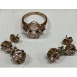 A 9 carat pink gold and morganite set dress ring size K together with a pair of matching drop