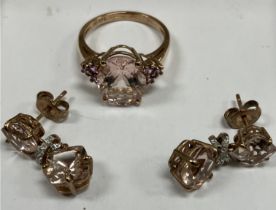 A 9 carat pink gold and morganite set dress ring size K together with a pair of matching drop