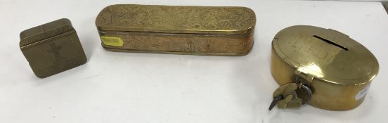 A 19th Century brass oval lidded money box with a 19th Century brass and iron padlock and key 9 cm