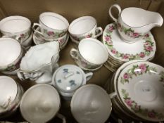 Two boxes of assorted tea wares to include a large collection of Calclough "Ivy" pattern dinner
