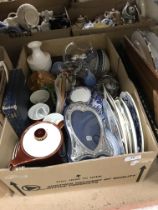 A box of sundry items to include Royal Crown Derby "Mikado" pattern tea wares,